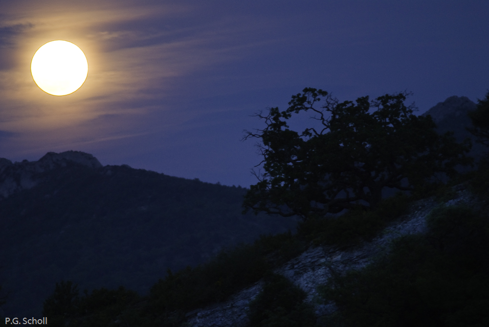 Lever de lune dans la Drôme, Rochebrune, France.