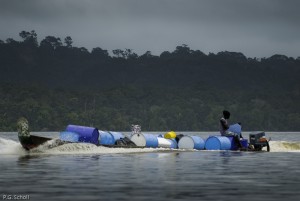 Pyrogue transportant du combustible sur le fleuve Maroni, Guyane