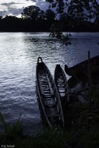Pirogues sur le fleuve Maroni, Guyane Française.